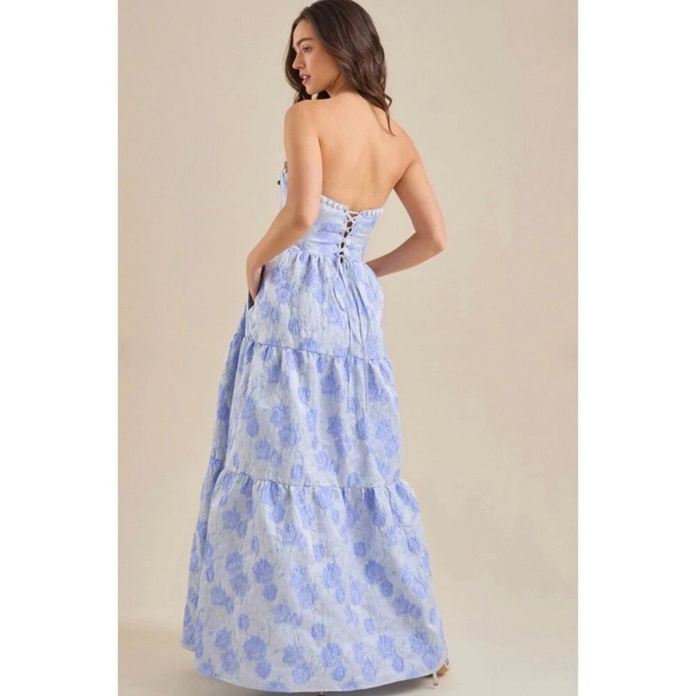 ALTARD STATE Skye Blue Floral Tiered Strapless Pearl Trim Maxi Dress SIZE XXS